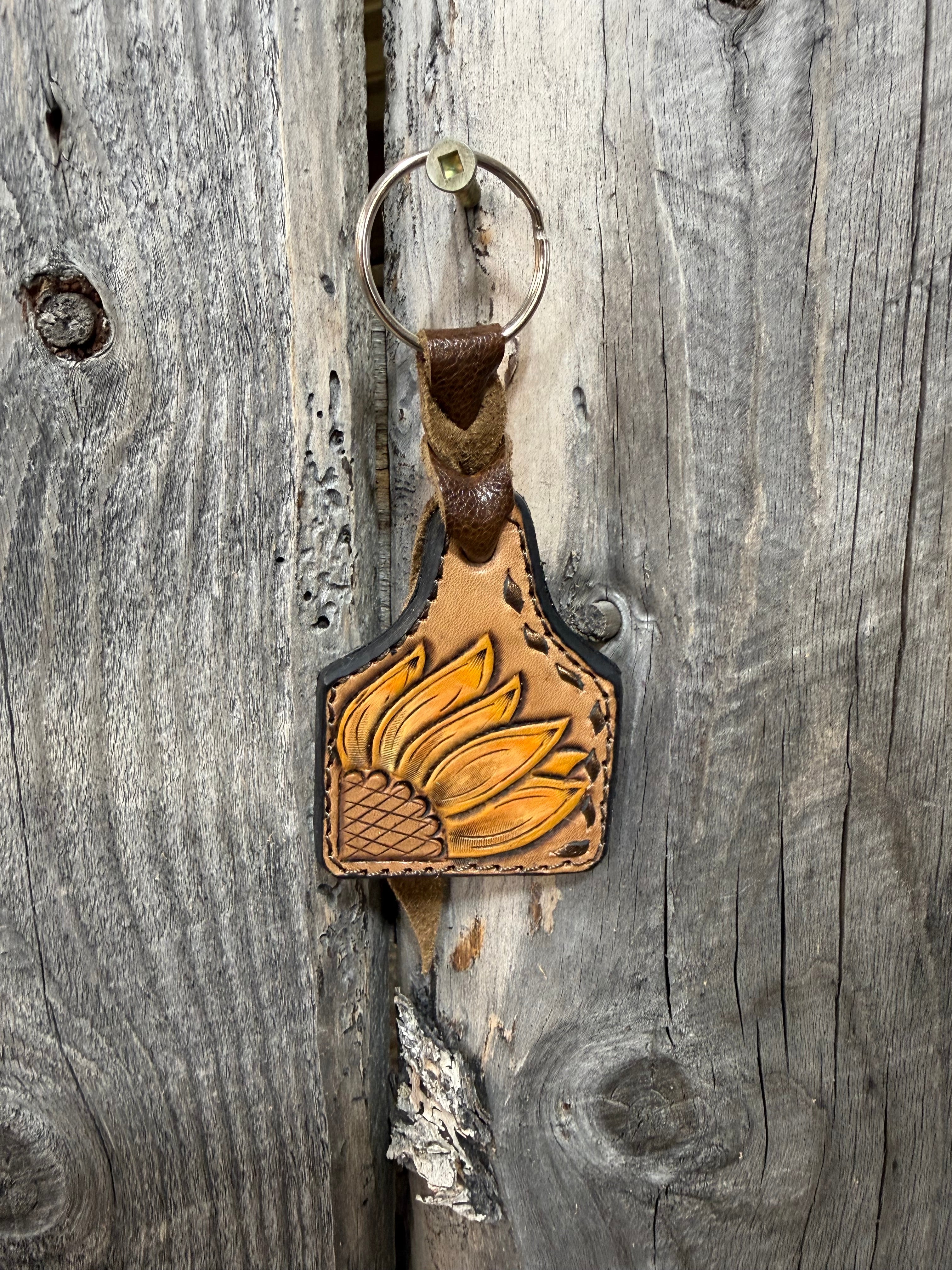 Sunflower Ear Tag Keychain – Western Twist Custom Leatherwork